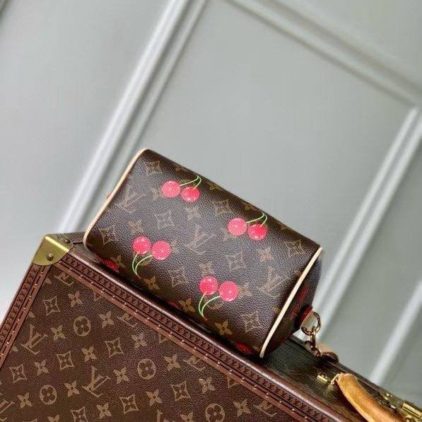 Louis Vuitton Style Cherry Print Satchel with Bow Detail