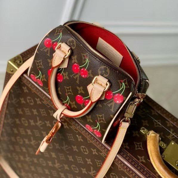 Louis Vuitton Style Cherry Print Satchel with Bow Detail