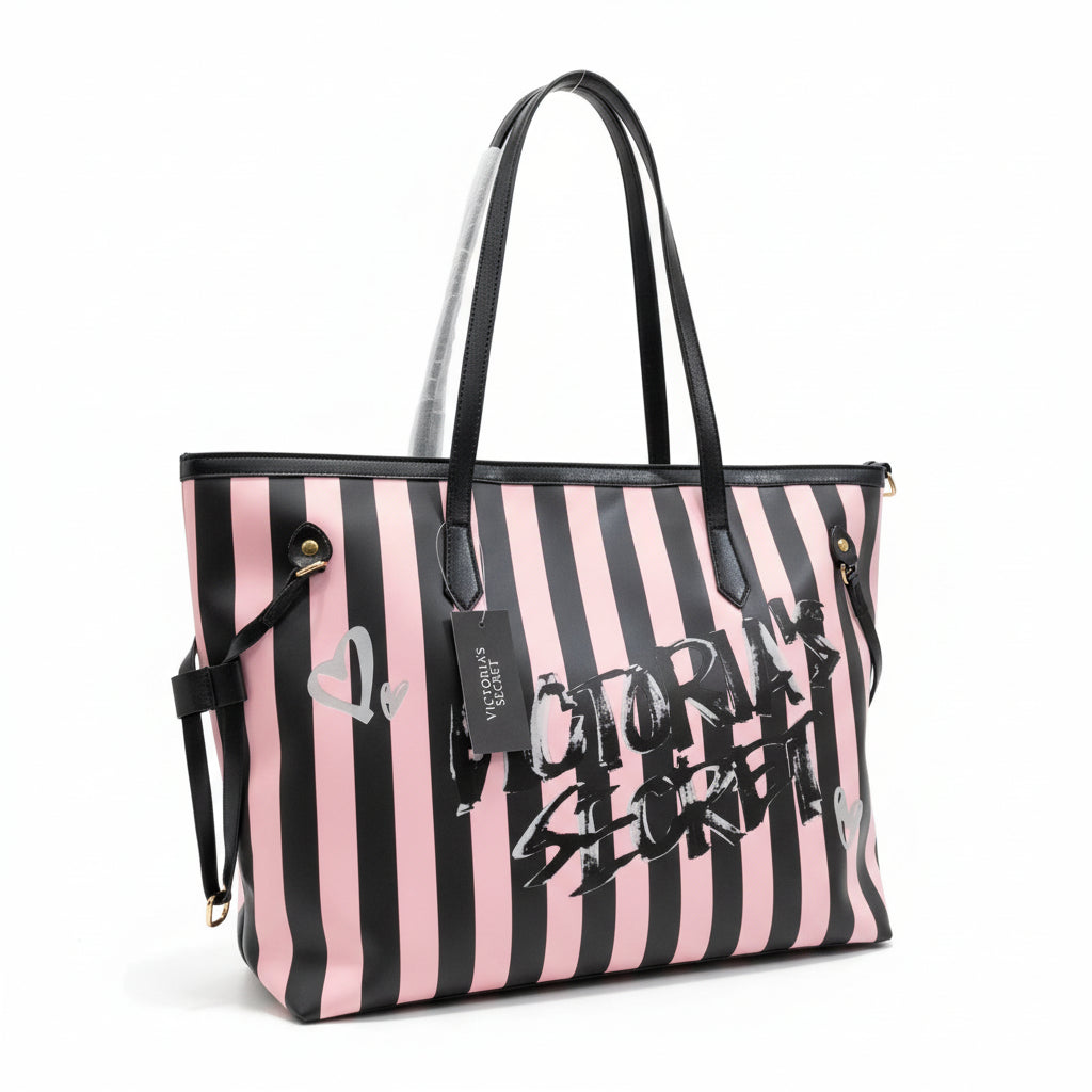 🛍️ Victoria's Secret Pink & Black Stripe Graffiti Tote Bag 💖🖤