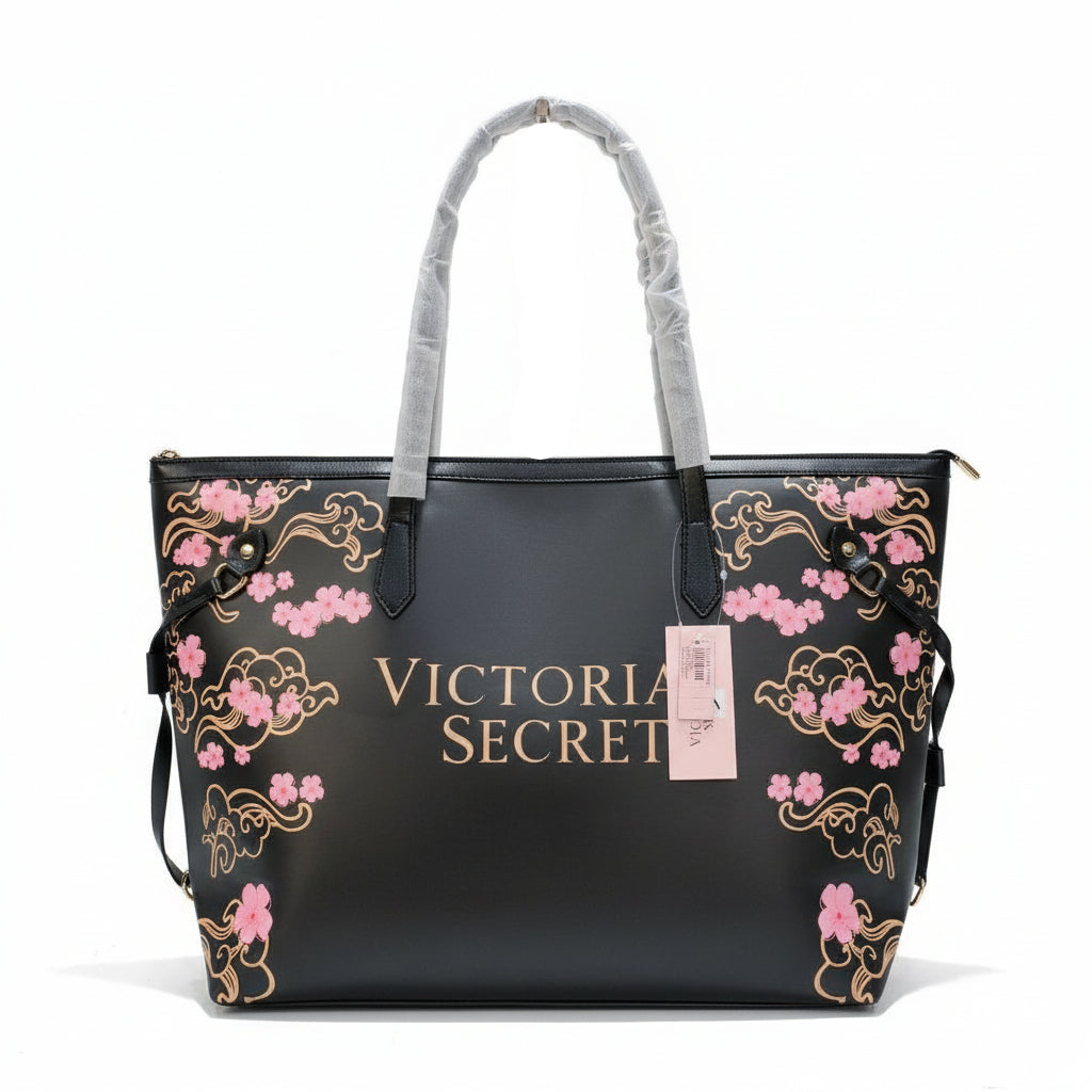 Victoria's Secret Black Cherry Blossom Floral Print Large Tote Bag 🌸🖤✨