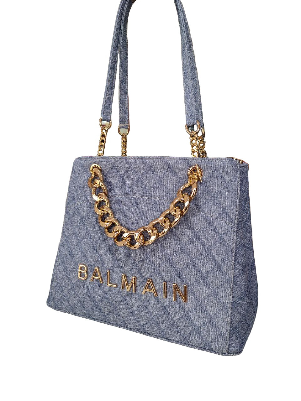💙 Balmain Quilted Denim Gold Chain Tote Bag ✨