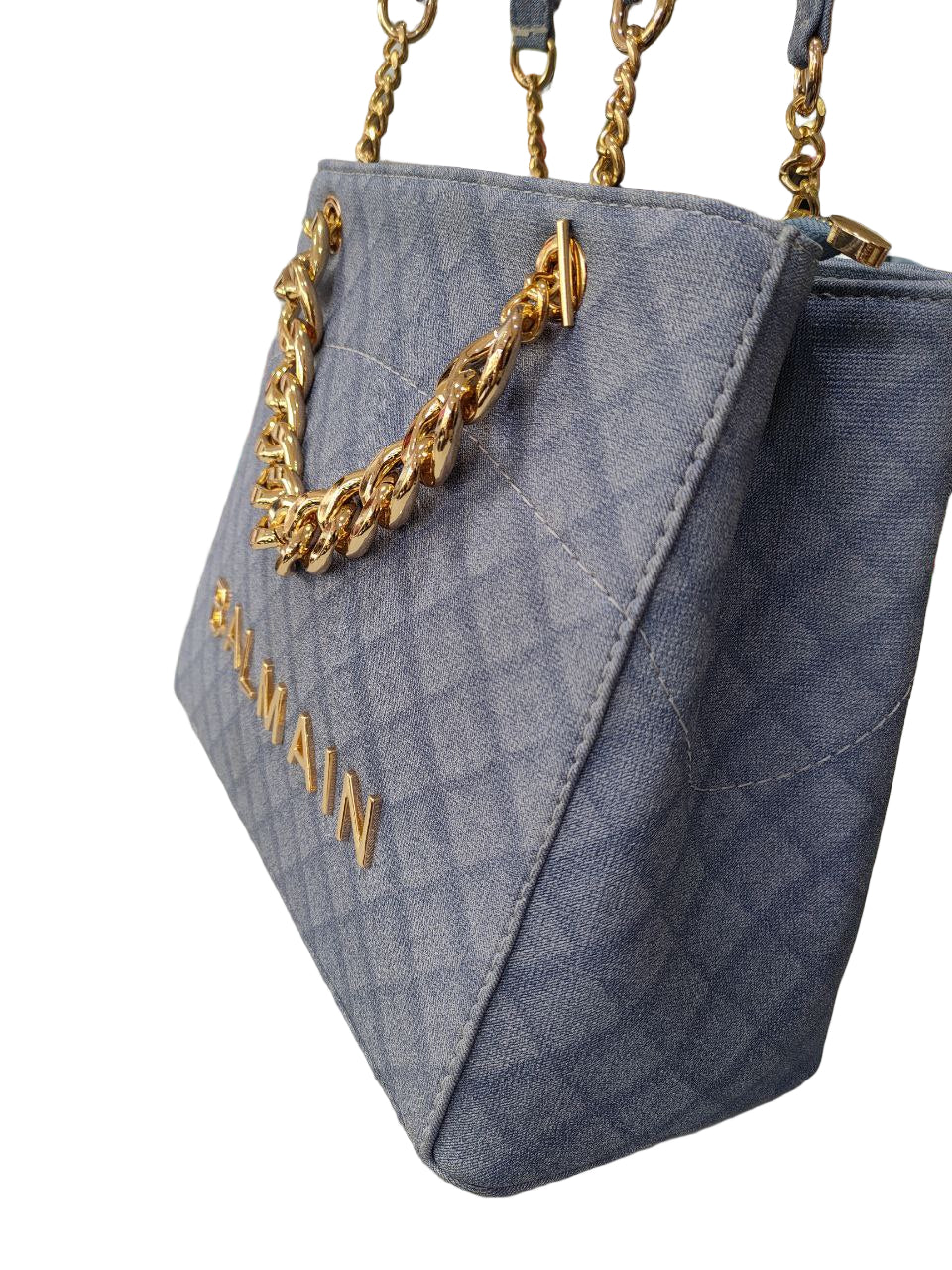 💙 Balmain Quilted Denim Gold Chain Tote Bag ✨