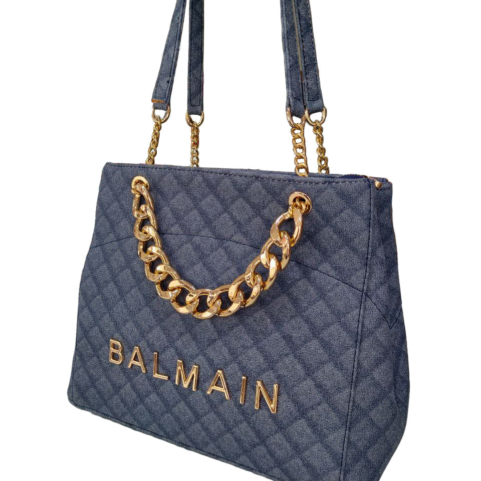 💙 Balmain Quilted Denim Gold Chain Tote Bag ✨