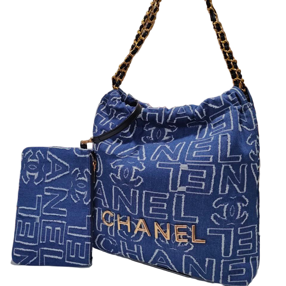 💙 Chanel Denim Gold Logo Shoulder Bag with Pouch ✨