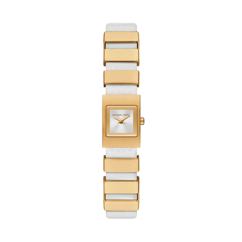 Michael Kors Women's Mini Gold-Tone Square Watch with White Leather Strap 🌟⬜💛