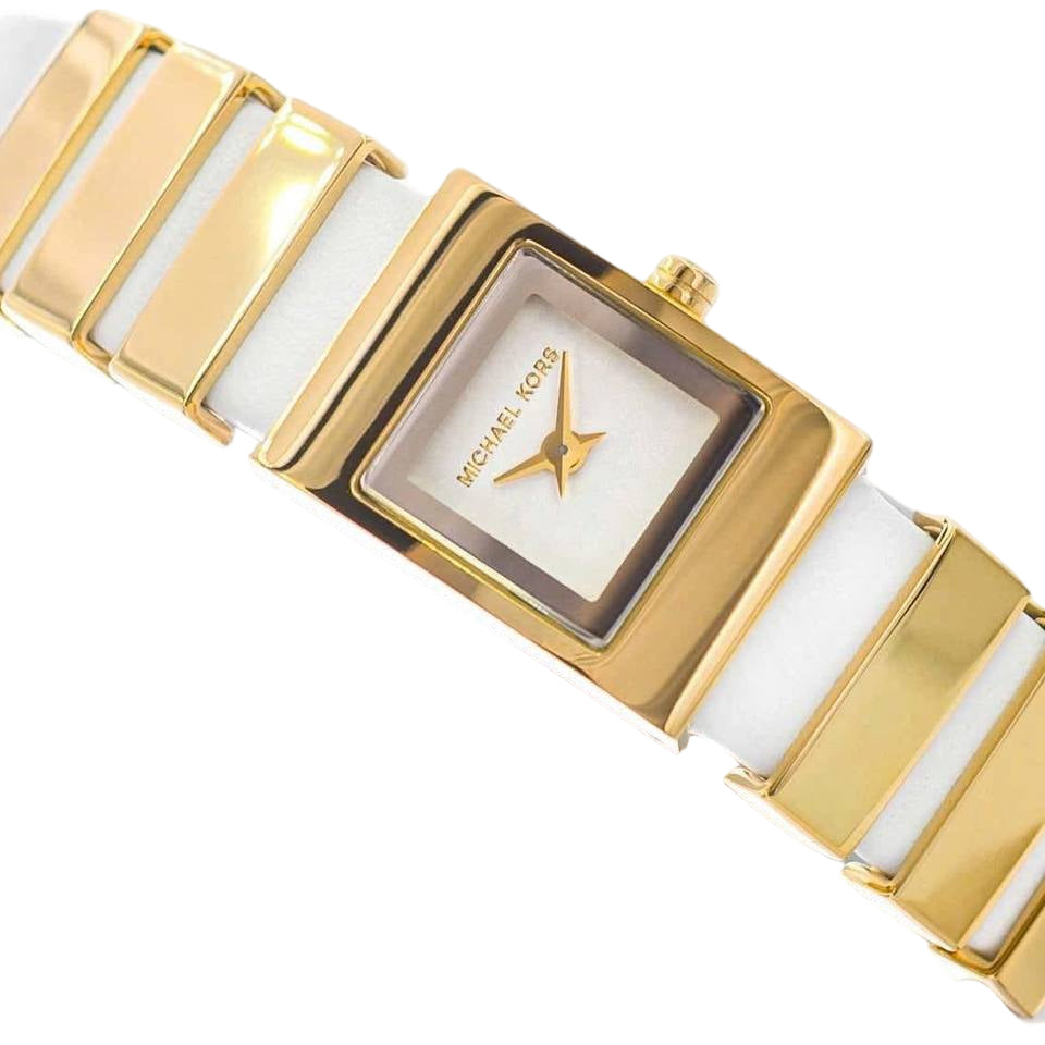 Michael Kors Women's Mini Gold-Tone Square Watch with White Leather Strap 🌟⬜💛
