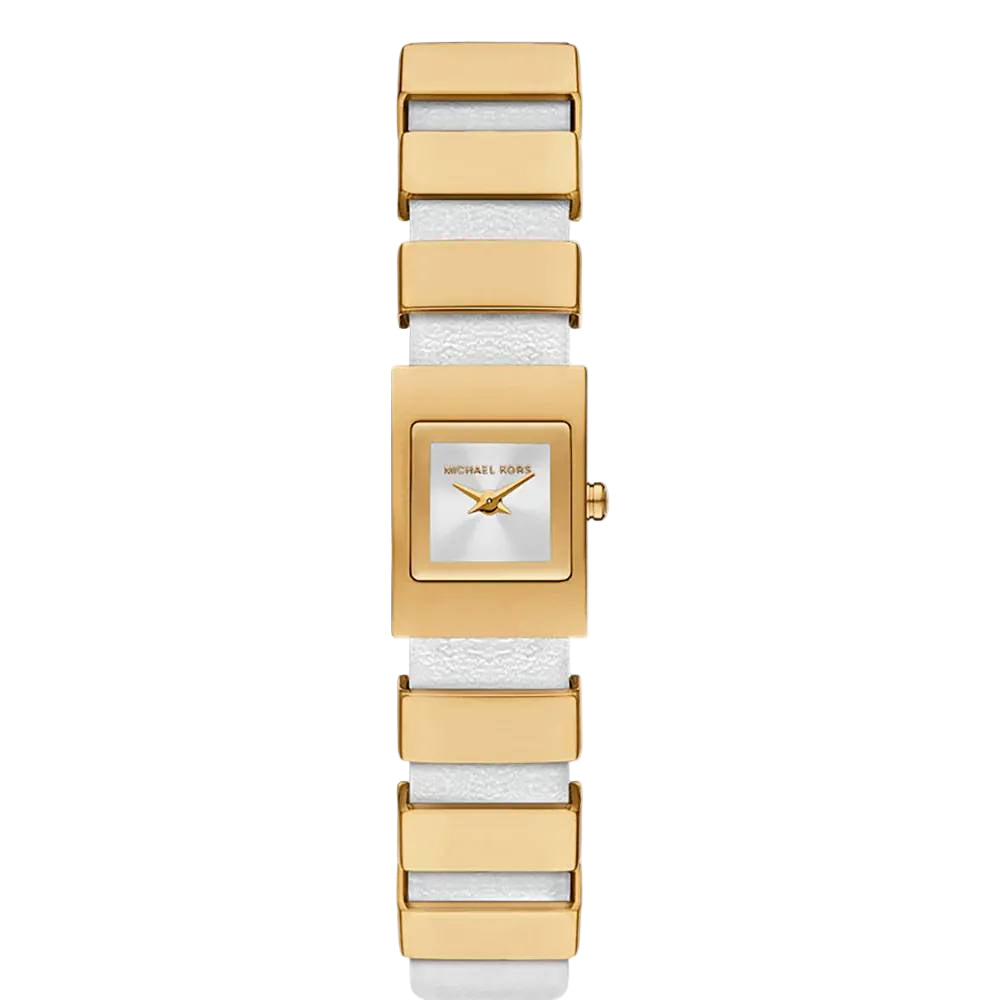Michael Kors Women's Mini Gold-Tone Square Watch with White Leather Strap 🌟⬜💛