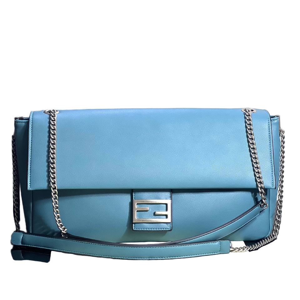 Fendi Blue Leather Baguette Bag with FF Logo and Chain Strap 🦋✨🔗