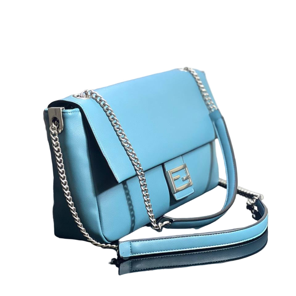 Fendi Blue Leather Baguette Bag with FF Logo and Chain Strap 🦋✨🔗