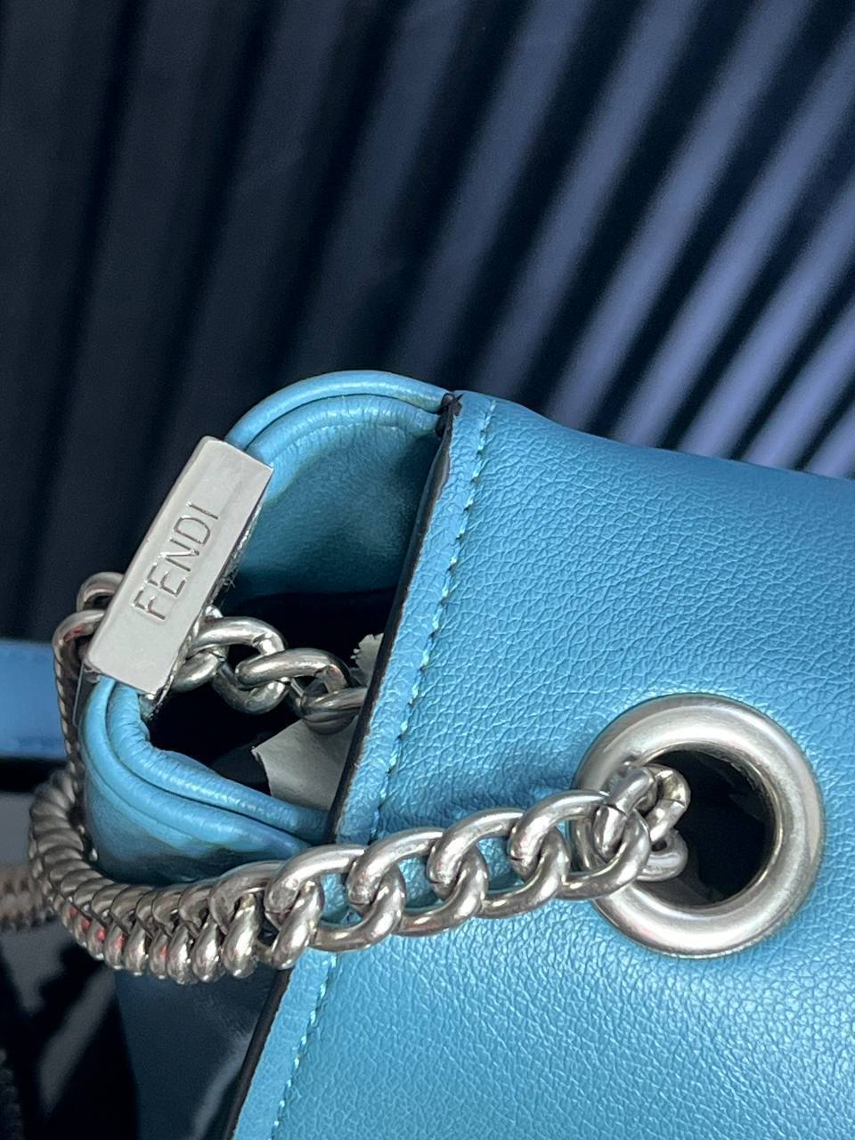 Fendi Blue Leather Baguette Bag with FF Logo and Chain Strap 🦋✨🔗