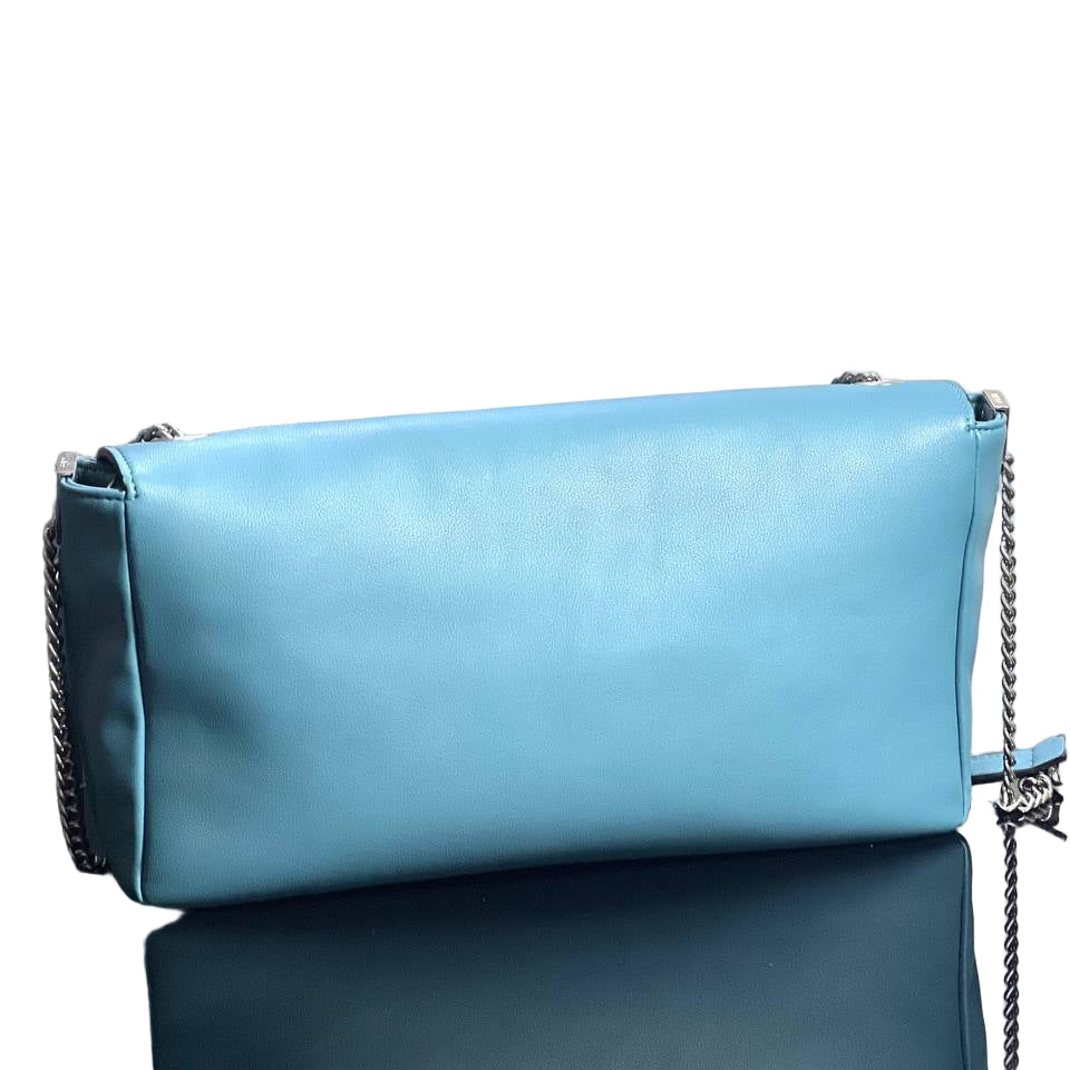 Fendi Blue Leather Baguette Bag with FF Logo and Chain Strap 🦋✨🔗