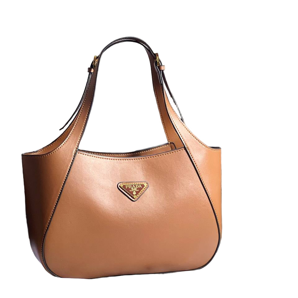 Prada Tan Leather Sculptural Shoulder Tote with Logo Plaque 🤎🔺👜