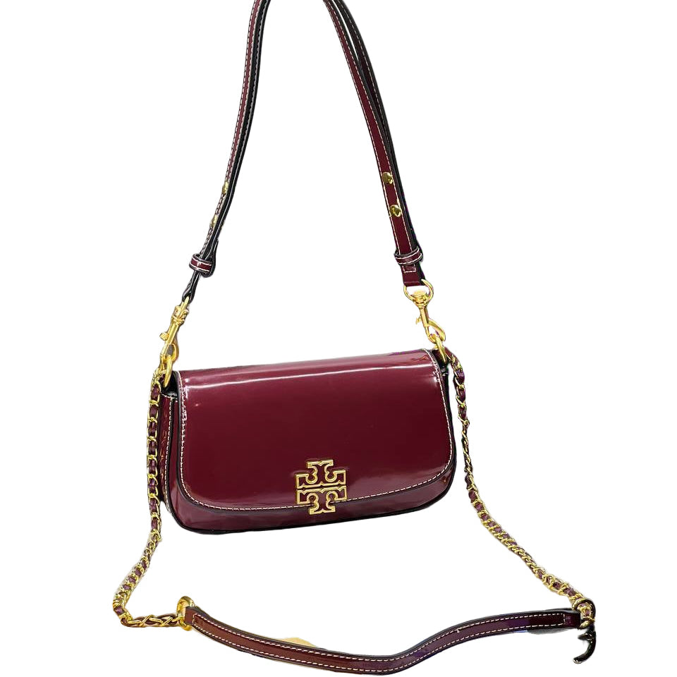Tory Burch Kira Patent Leather Shoulder Bag Gold Logo 🍷✨👜