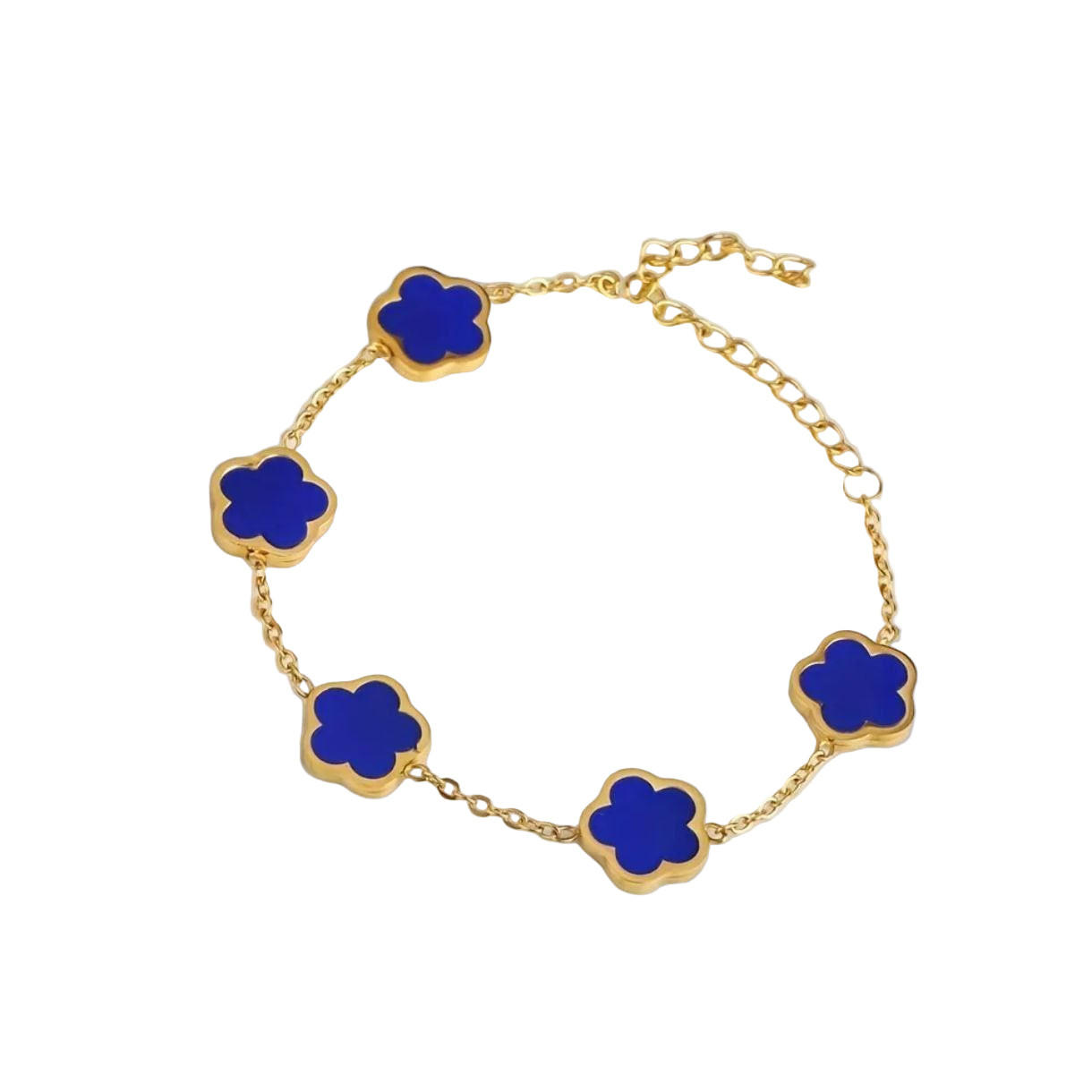 💙 Golden Clover Charm Bracelet with Deep Blue Enamel Inlay 🌼✨