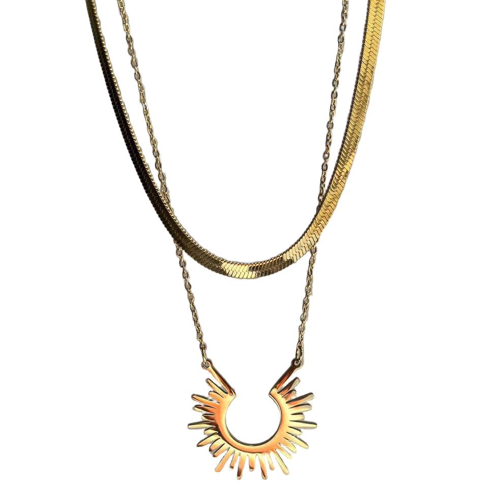 ☀️ Golden Sunburst Pendant Layered Herringbone Necklace ✨🌟