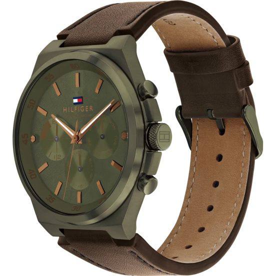 Tommy Hilfiger Men's Olive Green & Brown Leather Multi-Function Watch 🌲🤎⌚️