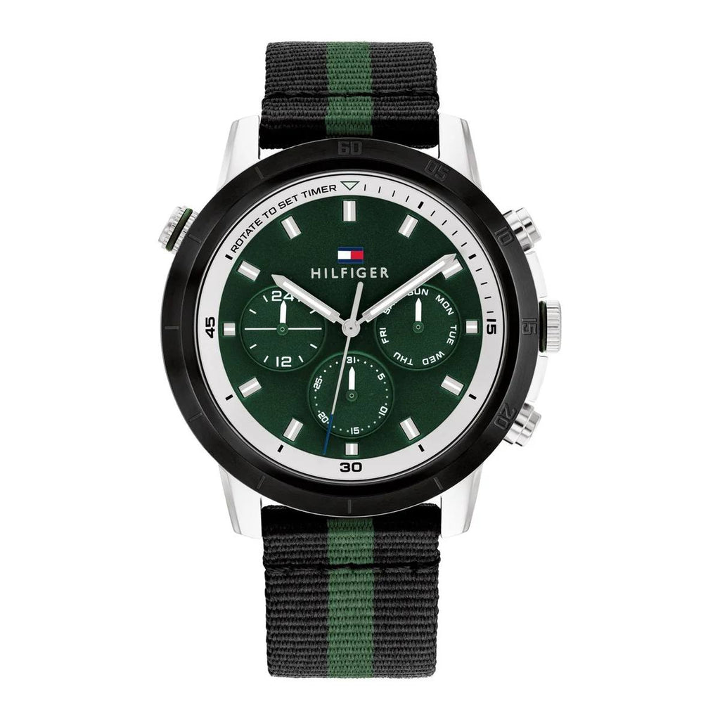 Tommy Hilfiger Men's Green Dial Multi-Function Fabric Strap Watch 💚⌚️🏁