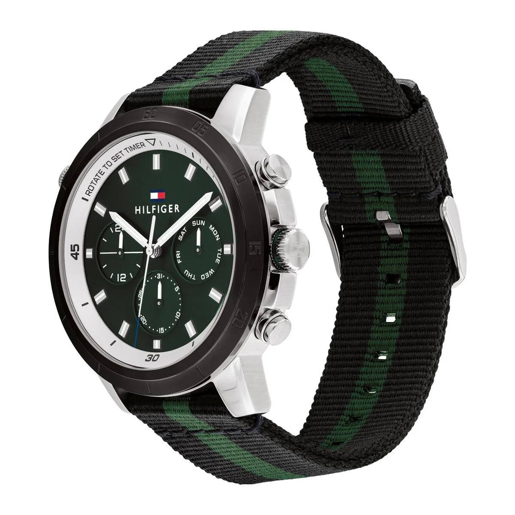 Tommy Hilfiger Men's Green Dial Multi-Function Fabric Strap Watch 💚⌚️🏁