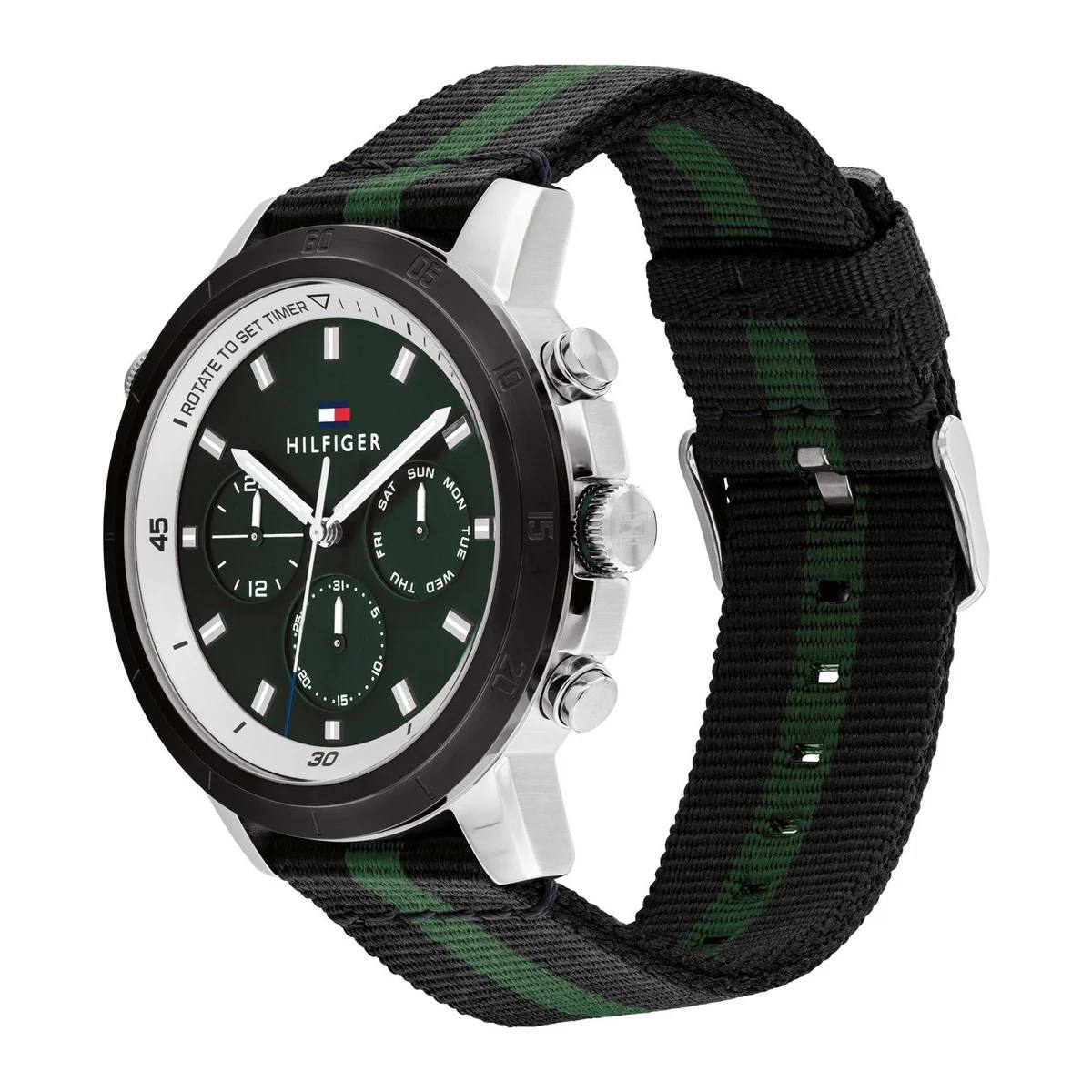 Tommy Hilfiger Men's Green Dial Multi-Function Fabric Strap Watch 💚⌚️🏁