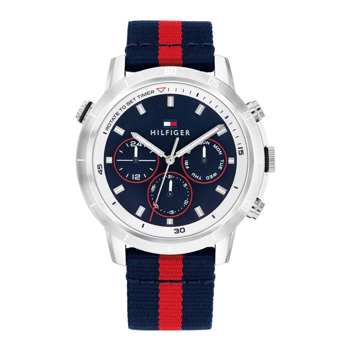 Tommy Hilfiger Men's Navy Dial Multi-Function Fabric Strap Watch 🔵🔴⌚️