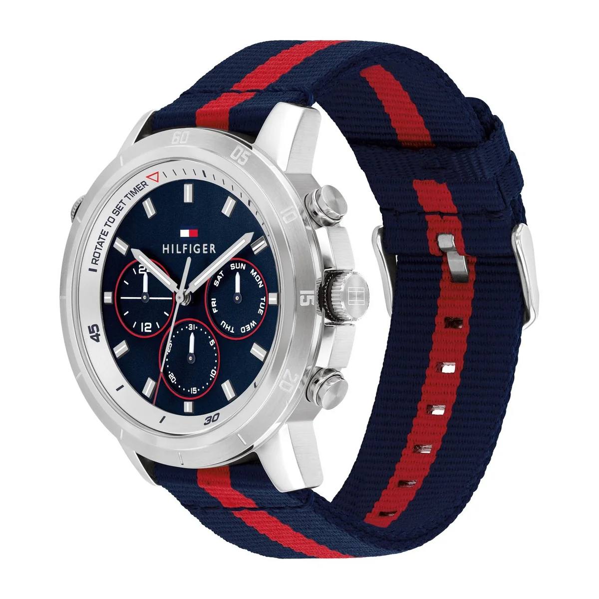 Tommy Hilfiger Men's Navy Dial Multi-Function Fabric Strap Watch 🔵🔴⌚️