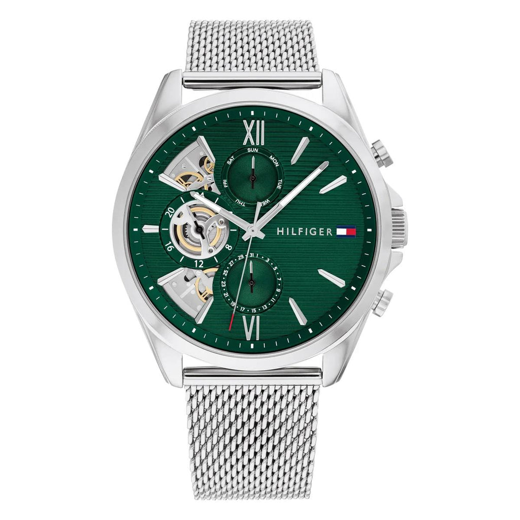 Tommy Hilfiger Men's Green Dial Mesh Strap Open Heart Multi-Function Watch 💚⌚️🔗