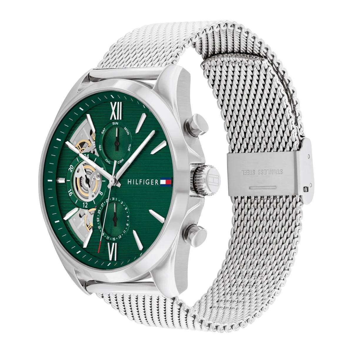 Tommy Hilfiger Men's Green Dial Mesh Strap Open Heart Multi-Function Watch 💚⌚️🔗