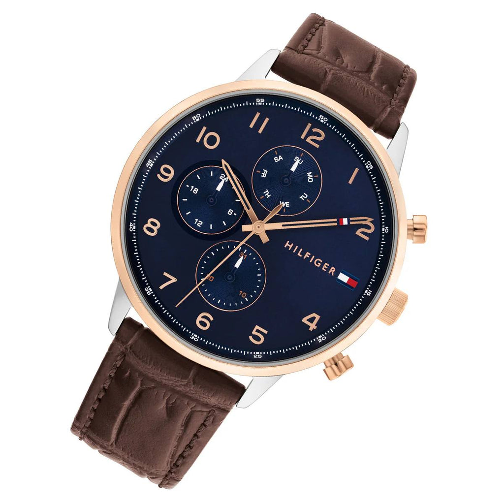 Tommy Hilfiger Men's Navy Dial Brown Croc-Embossed Leather Watch 💙🐊⌚️