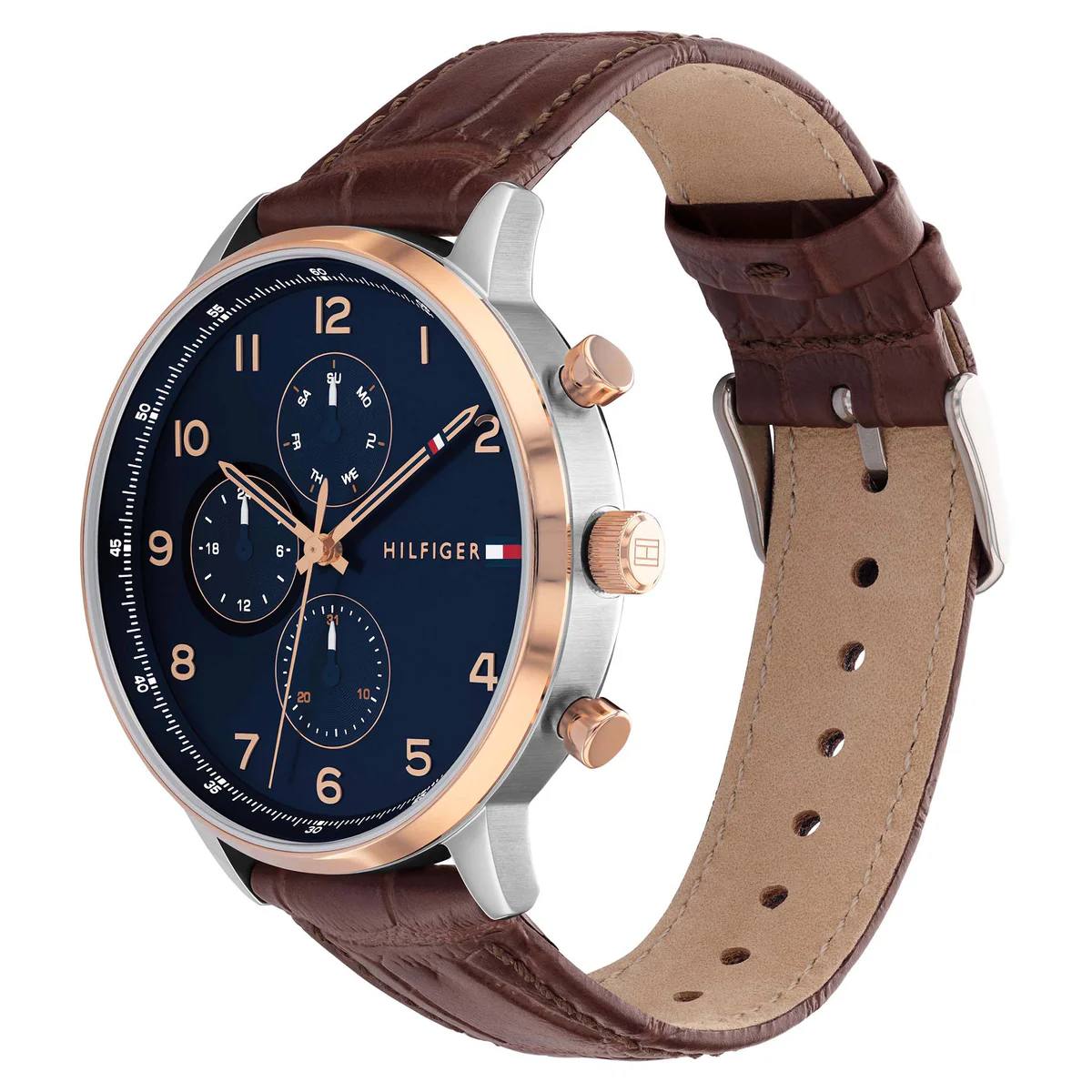 Tommy Hilfiger Men's Navy Dial Brown Croc-Embossed Leather Watch 💙🐊⌚️