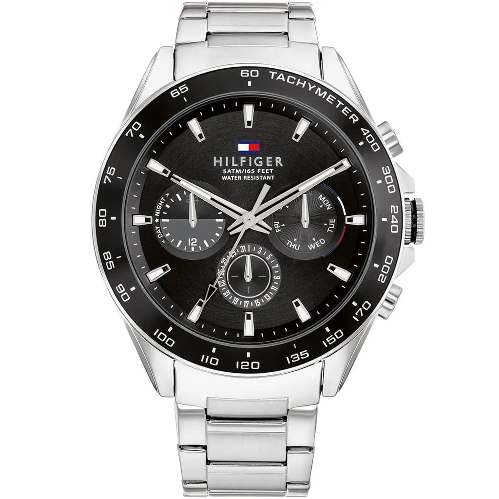 Tommy Hilfiger Men's Silver & Black Textured Dial Multi-Function Watch 🔗⚫️⏱️