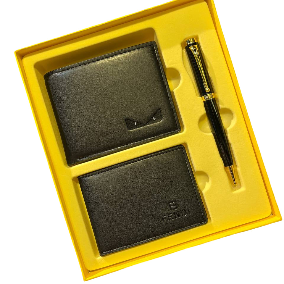 👁️ Fendi Bag Bugs Black Leather Wallet Gift Set with Pen 🎁