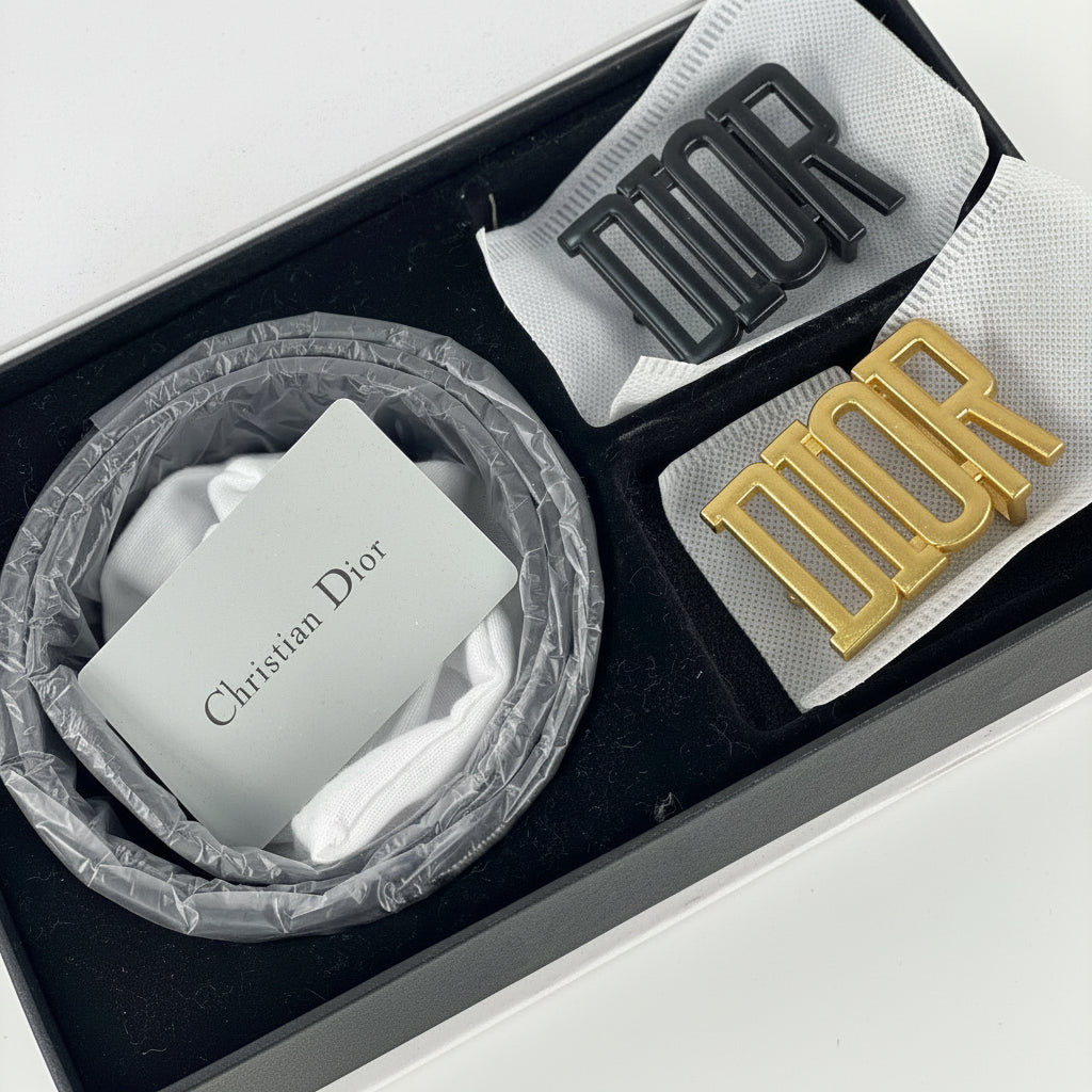 Christian Dior Logo Belt Set with Interchangeable Gold and Black Buckles 🖤✨⚪