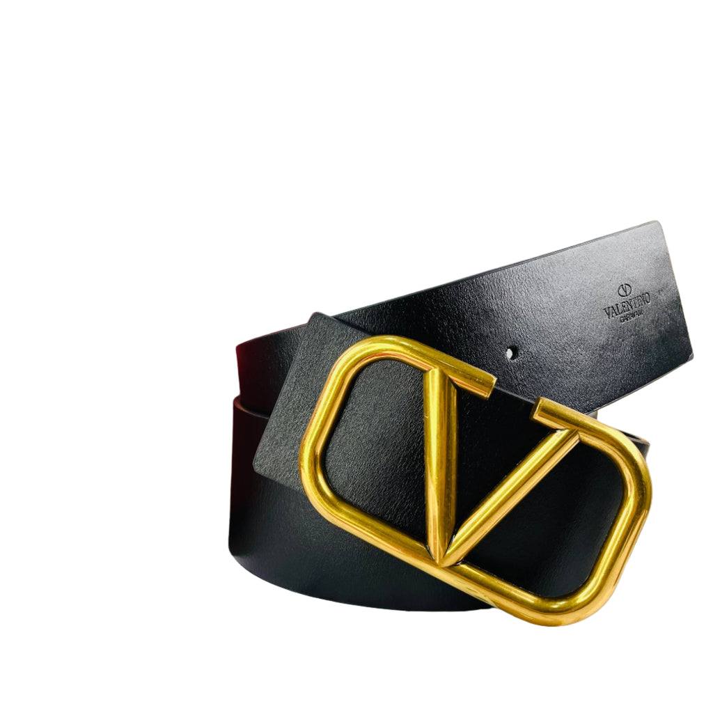 Valentino Garavani Black Leather Belt with Oversized Gold VLogo Buckle 🖤🌟🔥