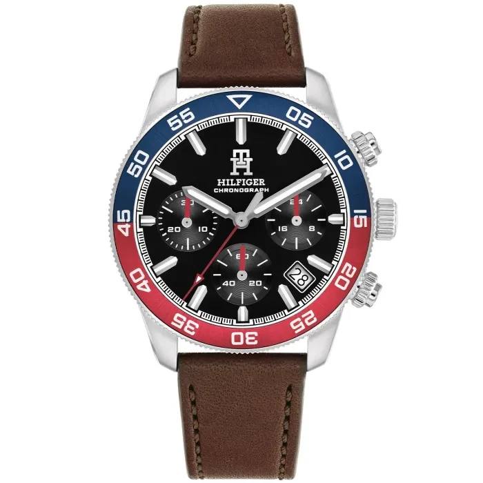 Tommy Hilfiger Chronograph Watch Blue/Red Bezel Brown Leather ⚓🔴🔵