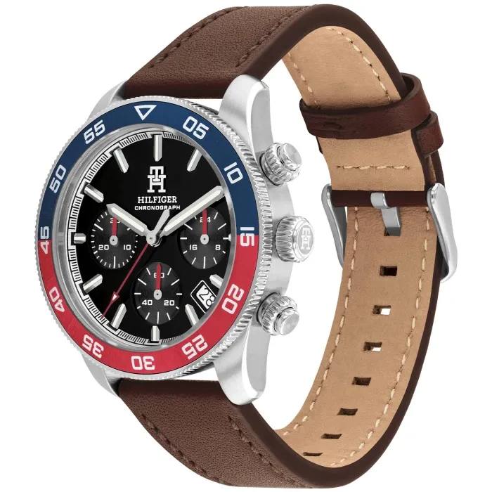 Tommy Hilfiger Chronograph Watch Blue/Red Bezel Brown Leather ⚓🔴🔵