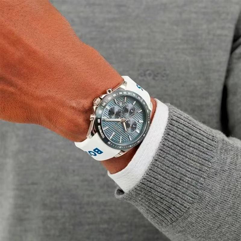 🧊 BOSS Chronograph Watch with Striped Blue Dial and White Strap ⚪