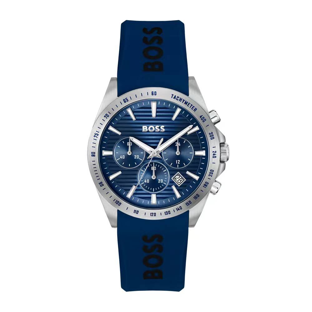 💙 BOSS Chronograph Watch with Blue Dial and Silicone Strap ⌚
