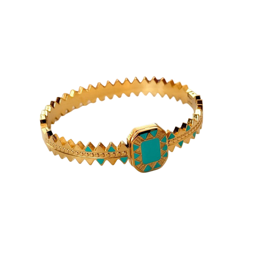Aztec Inspired Gold Tone Bangle with Turquoise Inlay