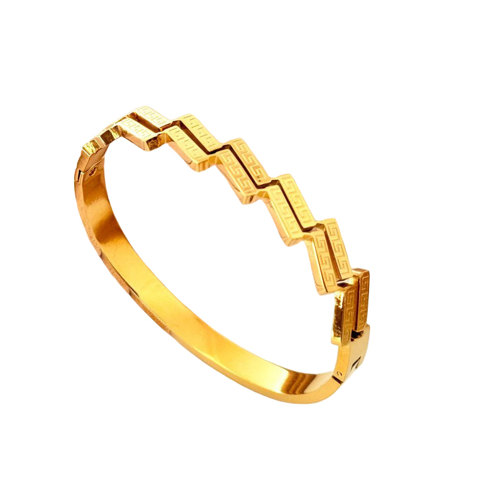 Geometric Gold Tone Greek Key Hinged Bangle Bracelet