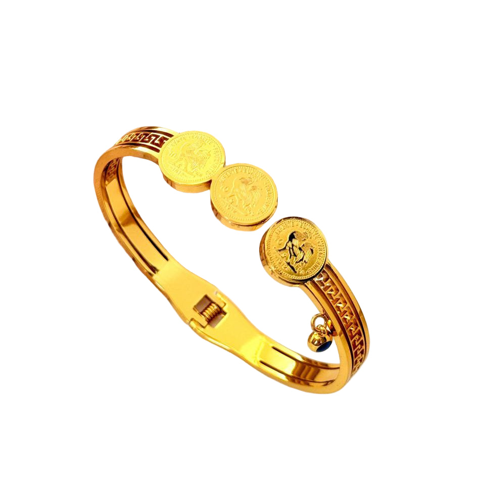 Ornate Gold Tone Coin & Patterned Cuff Bracelet