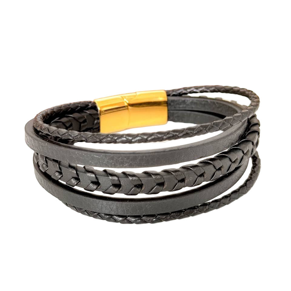 Men's Multi-Layer Black Leather Bracelet with Gold Magnetic Clasp