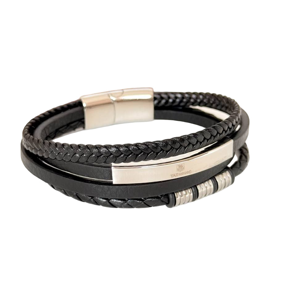 TAG Heuer Style Multi-Layer Black Leather ID Bracelet