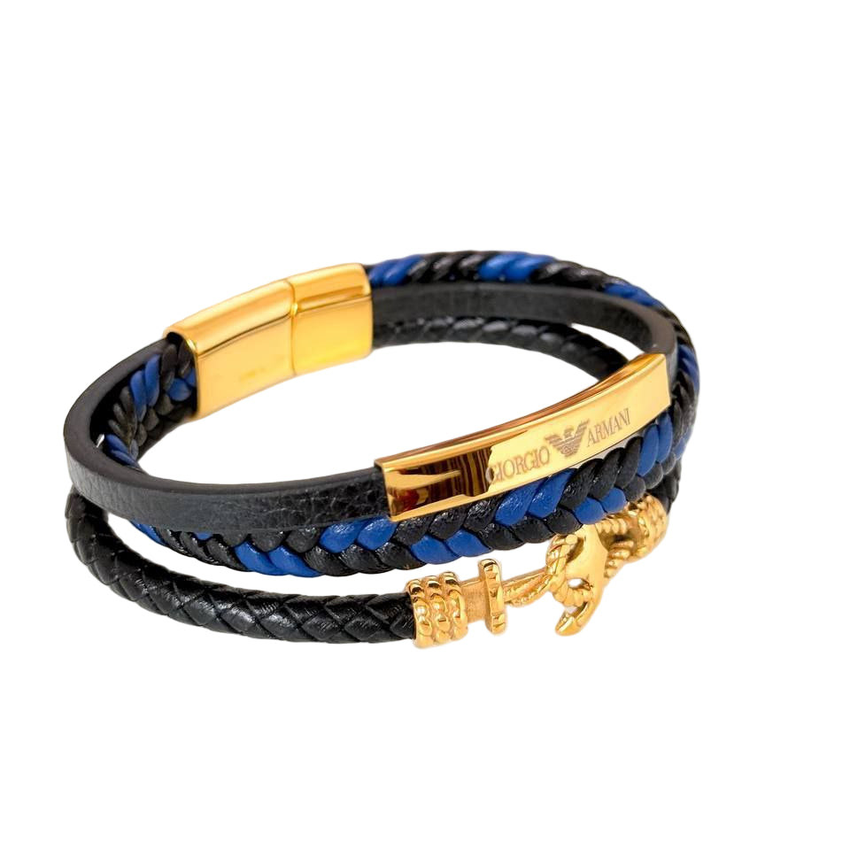 Giorgio Armani Layered Braided Leather Anchor Bracelet