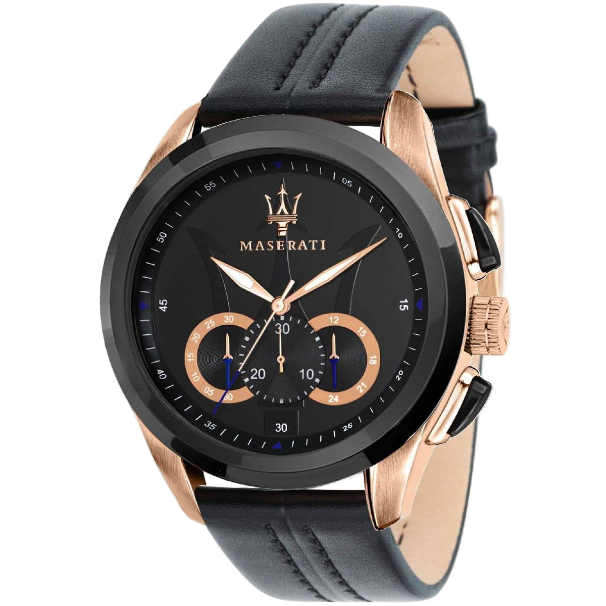 🔱 Maserati Chronograph Watch Black and Rose Gold with Leather Strap ⚫️🌹