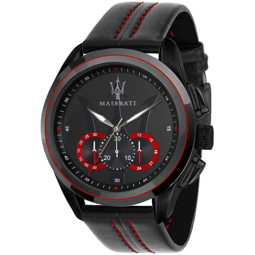🔱 Maserati Chronograph Watch Black with Red Accents and Leather Strap ⚫️🔴