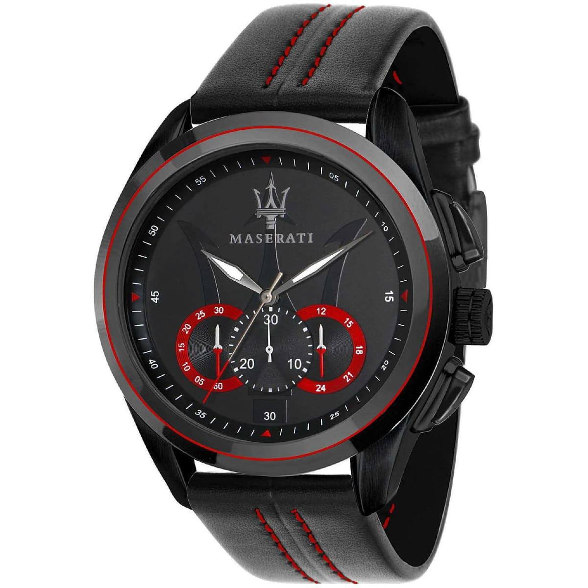 🔱 Maserati Chronograph Watch Black with Red Accents and Leather Strap ⚫️🔴
