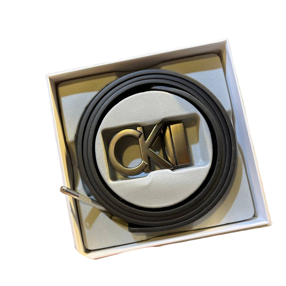 Calvin Klein Signature CK Logo Black Leather Belt with Dark Gold Buckle ✨🔑🎁