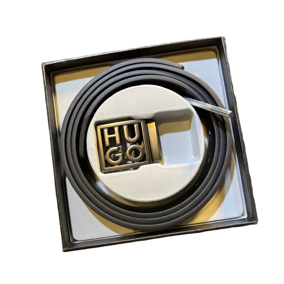 HUGO Bold Logo Black Leather Belt with Gunmetal Buckle ⚫️🔥🎁