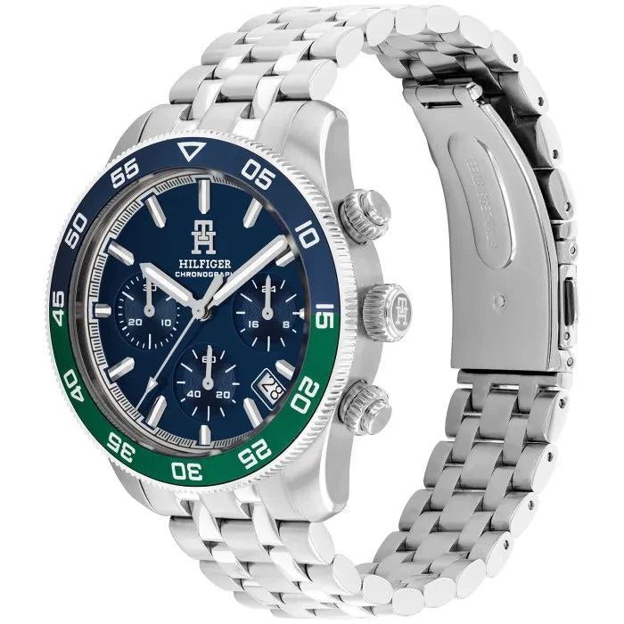 Tommy Hilfiger Men's Chronograph Blue Dial Silver Dive Watch ⚓️🔵🟢