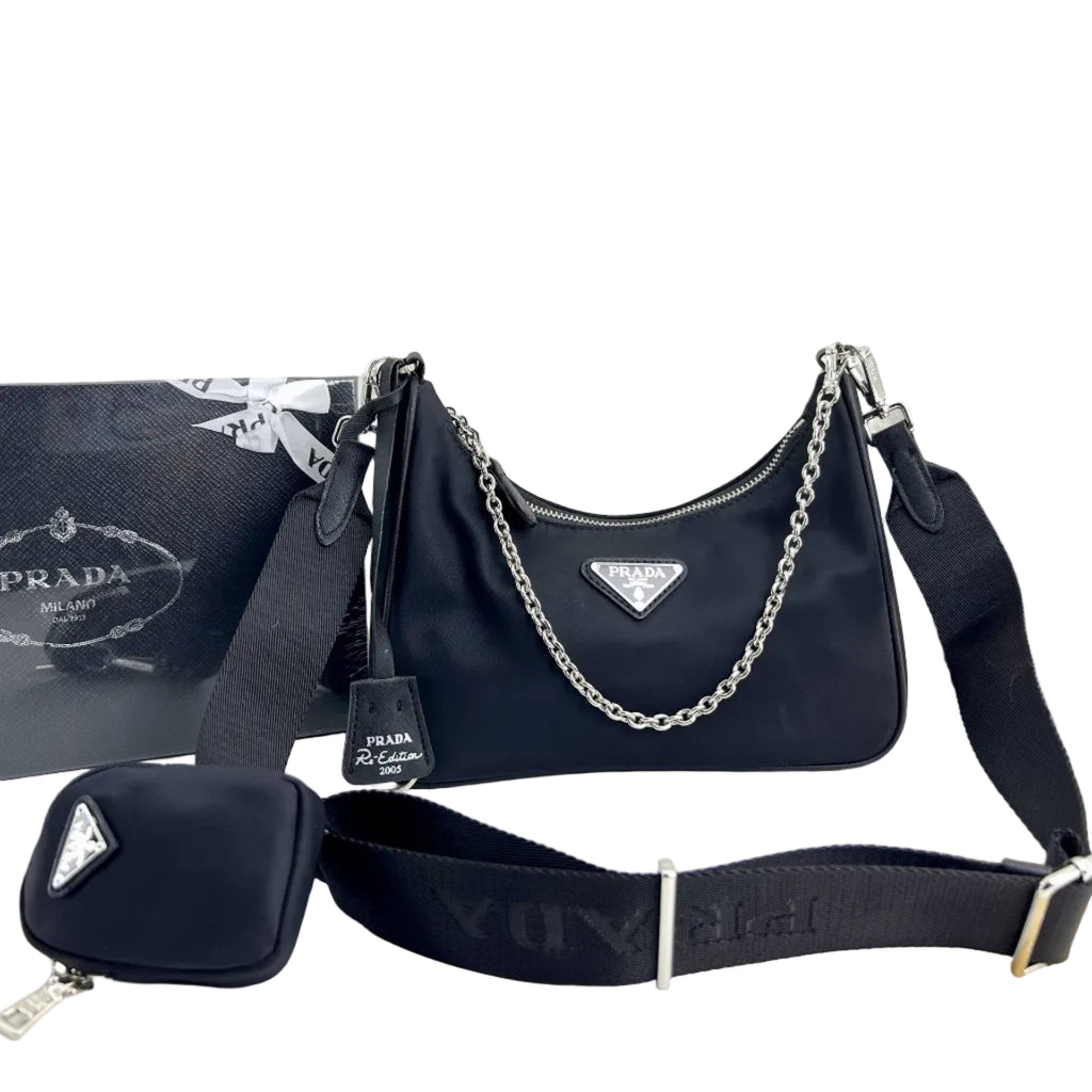 🖤 Prada Re-Edition 2005 Nylon Shoulder Bag with Chain & Pouch ✨
